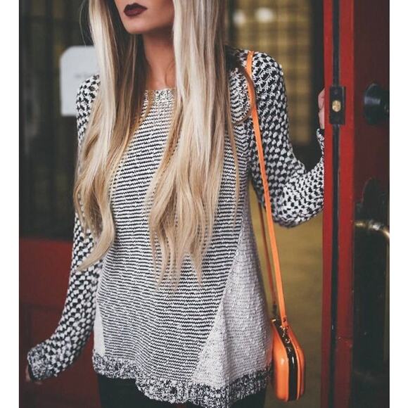 Sz 2X MODAMIX Black Cream Mixed Pattern Long-Slv Crew-Neck Lightweight Sweater - Picture 2 of 6